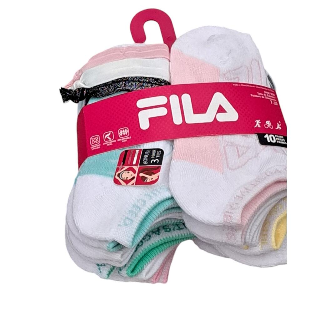 NWT Fila 10 Pairs Comfort Knit Soft Socks Bonus 3 Hair Ties Girls 7 to 10 Shoe